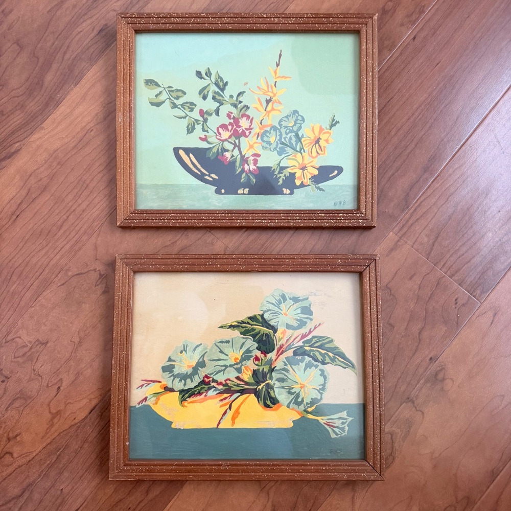 Vintage Floral Still Life Framed Pair Signed GWB Mid Century Art Retro